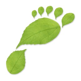 Image of Human footprint made of green leaves on white background, top view. Environmental care, ecology protection, reducing CO2 emission