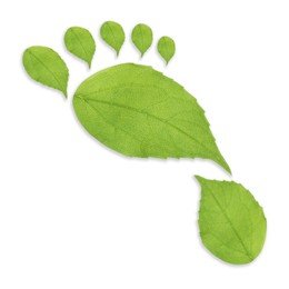 Image of Human footprint made of green leaves on white background, top view. Environmental care, ecology protection, reducing CO2 emission