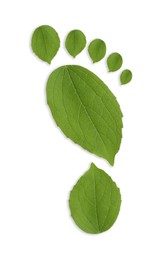 Image of Human footprint made of green leaves on white background, top view. Environmental care, ecology protection, reducing CO2 emission