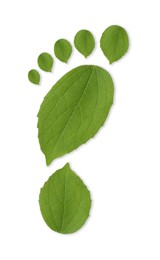 Image of Human footprint made of green leaves on white background, top view. Environmental care, ecology protection, reducing CO2 emission