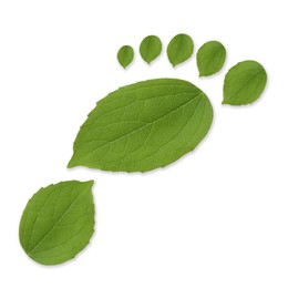 Image of Human footprint made of green leaves on white background, top view. Environmental care, ecology protection, reducing CO2 emission