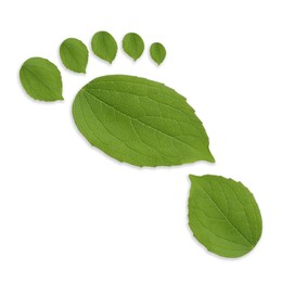 Image of Human footprint made of green leaves on white background, top view. Environmental care, ecology protection, reducing CO2 emission