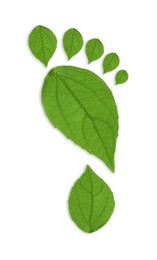 Image of Human footprint made of green leaves on white background, top view. Environmental care, ecology protection, reducing CO2 emission