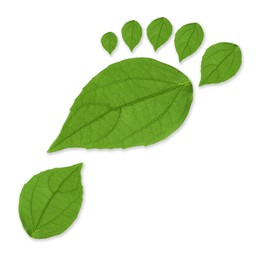 Image of Human footprint made of green leaves on white background, top view. Environmental care, ecology protection, reducing CO2 emission