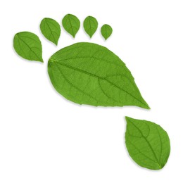 Image of Human footprint made of green leaves on white background, top view. Environmental care, ecology protection, reducing CO2 emission