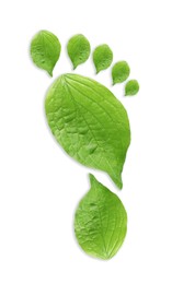 Image of Human footprint made of green leaves on white background, top view. Environmental care, ecology protection, reducing CO2 emission