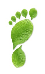 Image of Human footprint made of green leaves on white background, top view. Environmental care, ecology protection, reducing CO2 emission