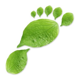 Image of Human footprint made of green leaves on white background, top view. Environmental care, ecology protection, reducing CO2 emission