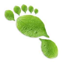 Image of Human footprint made of green leaves on white background, top view. Environmental care, ecology protection, reducing CO2 emission