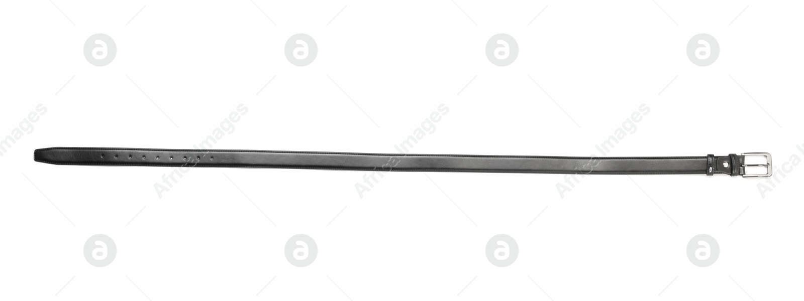 One black leather belt isolated on white, top view Photo of One black leather belt isolated on white, top view