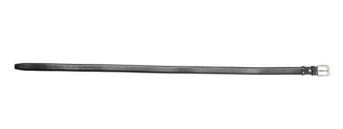 Photo of One black leather belt isolated on white, top view