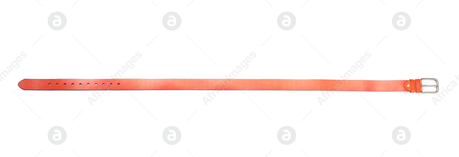 One orange leather belt isolated on white, top view Photo of One orange leather belt isolated on white, top view