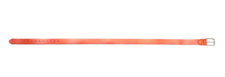 Photo of One orange leather belt isolated on white, top view
