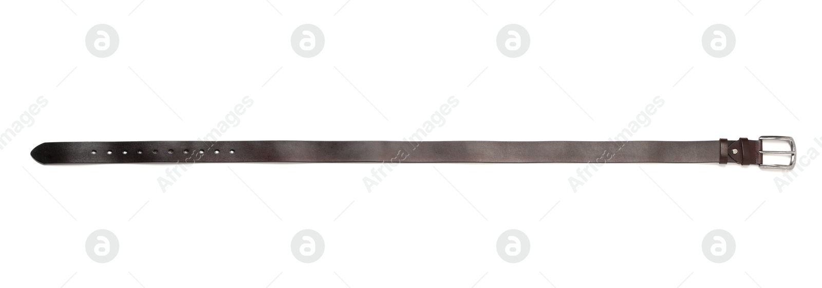 One black leather belt isolated on white, top view Photo of One black leather belt isolated on white, top view