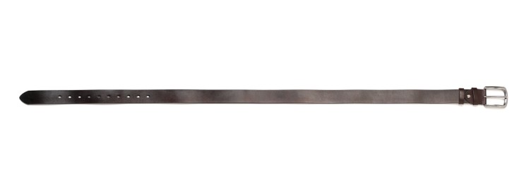 Photo of One black leather belt isolated on white, top view