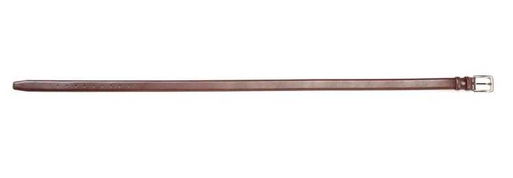 Photo of One brown leather belt isolated on white, top view