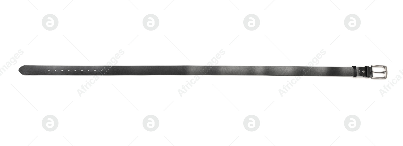 One black leather belt isolated on white, top view Photo of One black leather belt isolated on white, top view