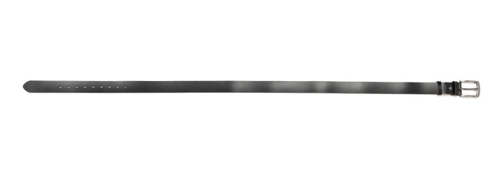 Photo of One black leather belt isolated on white, top view
