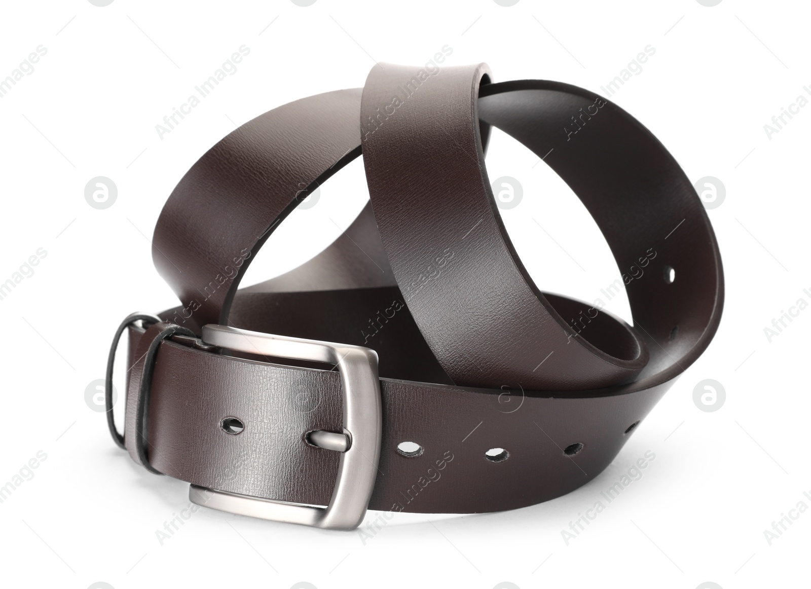 One brown leather belt isolated on white Photo of One brown leather belt isolated on white