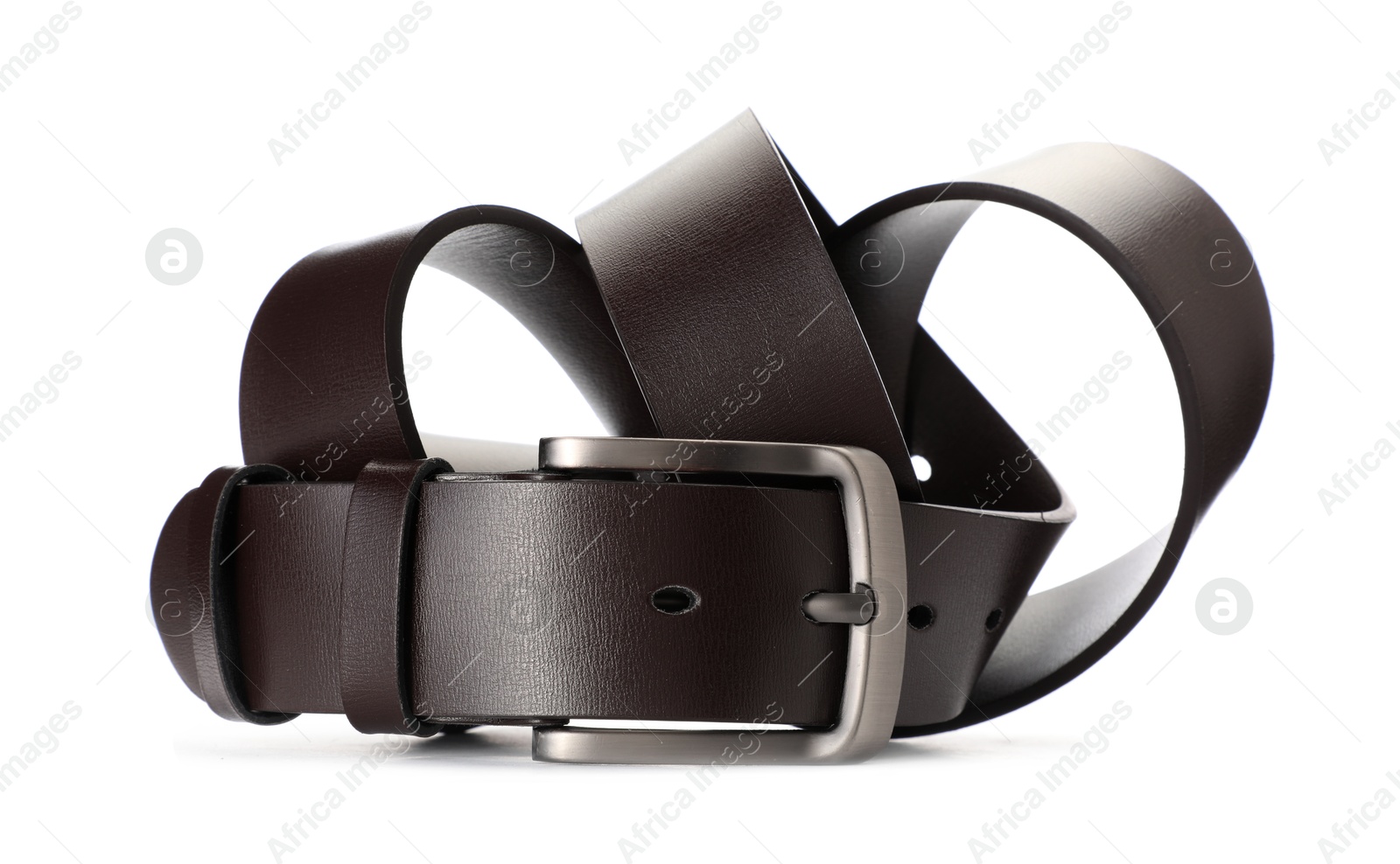 One brown leather belt isolated on white Photo of One brown leather belt isolated on white