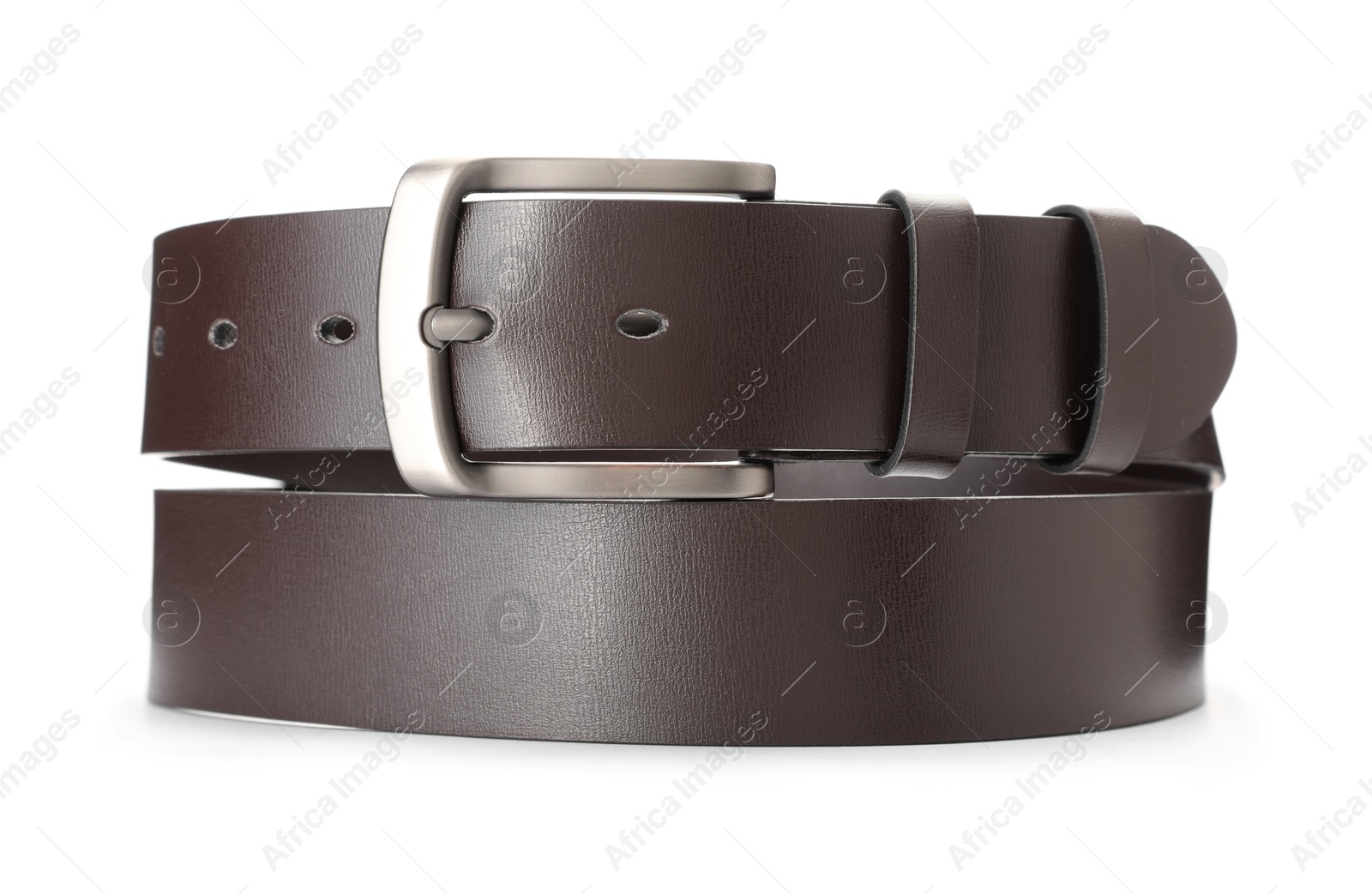 One brown leather belt isolated on white Photo of One brown leather belt isolated on white