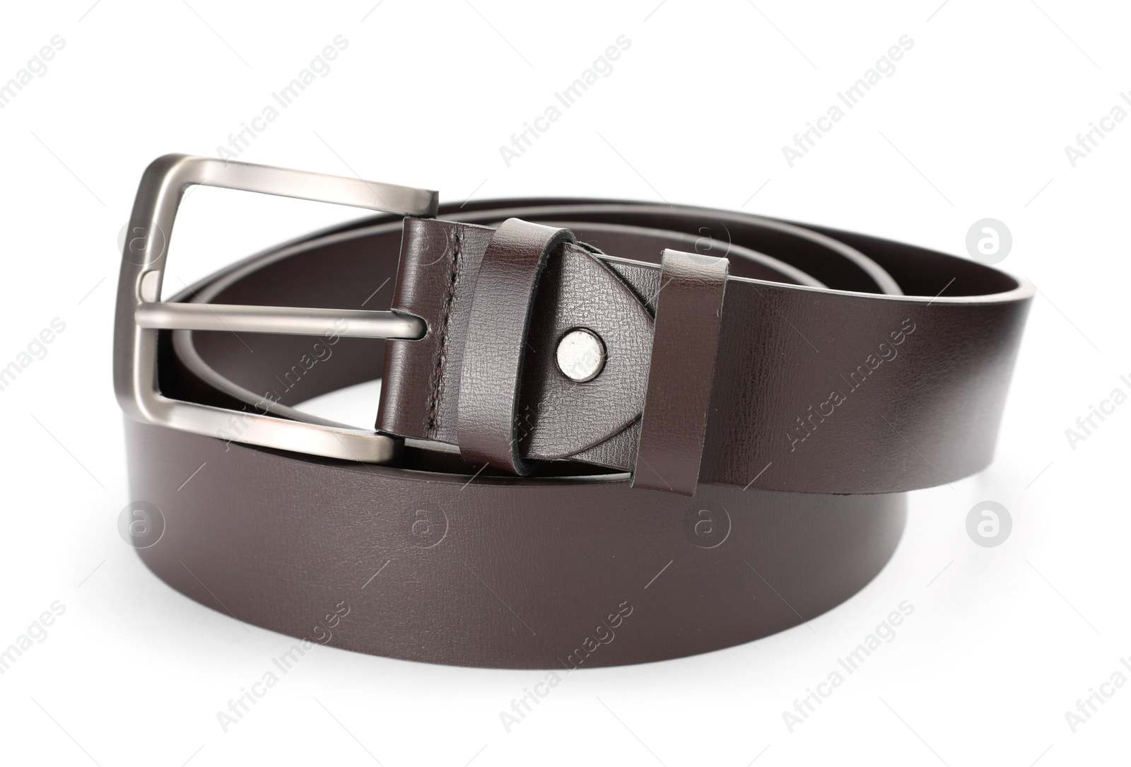 One brown leather belt isolated on white Photo of One brown leather belt isolated on white