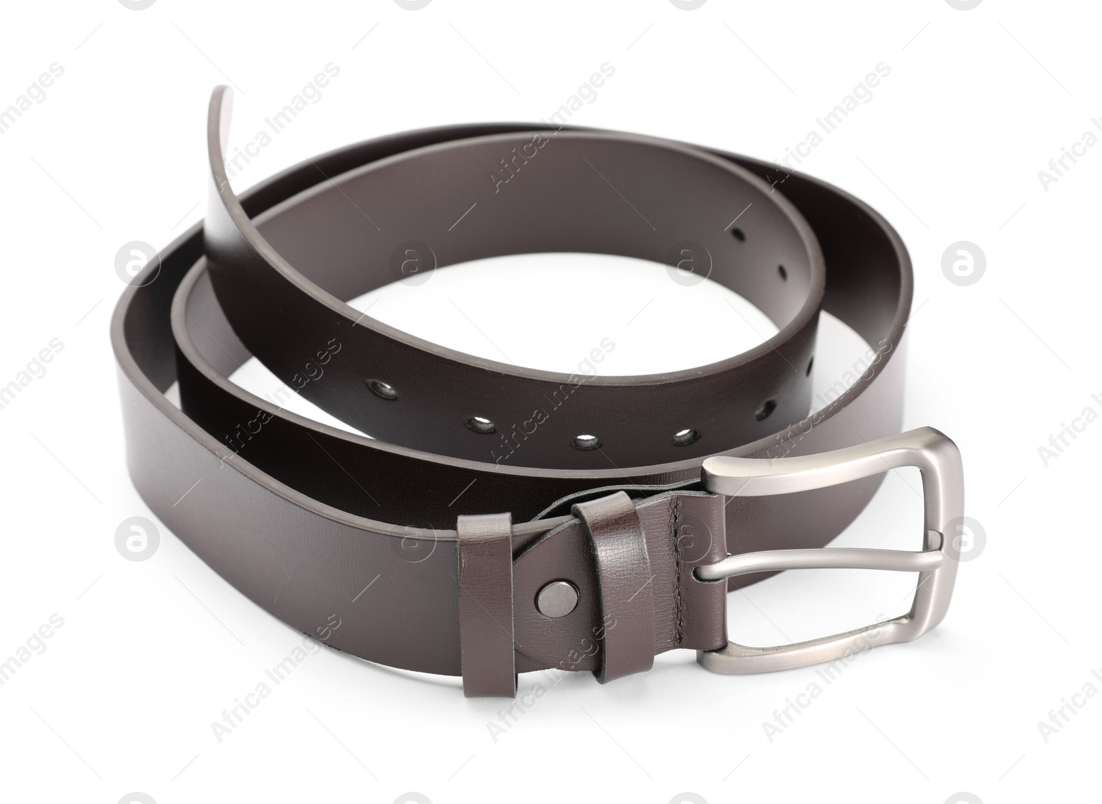 One brown leather belt isolated on white Photo of One brown leather belt isolated on white