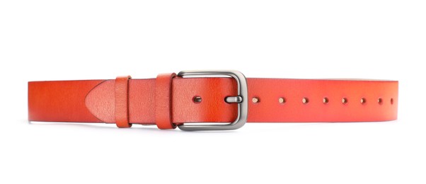 Photo of One orange leather belt isolated on white
