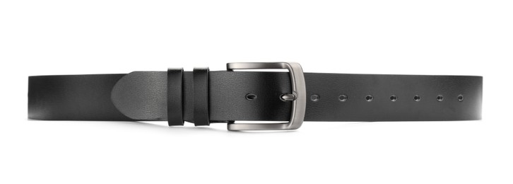 Photo of One black leather belt isolated on white