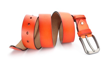 Photo of One orange leather belt isolated on white