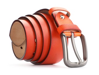 Photo of One orange leather belt isolated on white