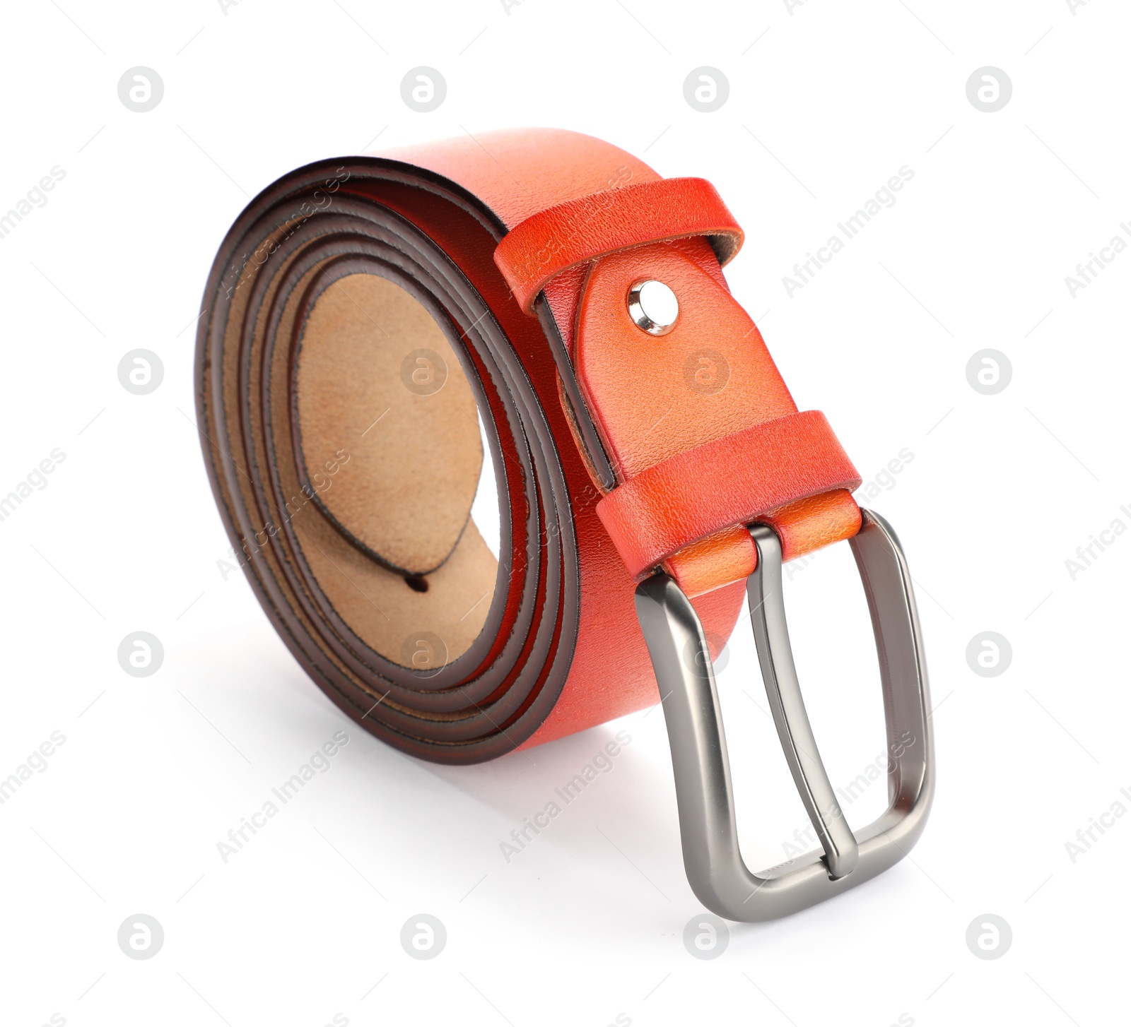 One orange leather belt isolated on white Photo of One orange leather belt isolated on white