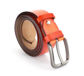 Photo of One orange leather belt isolated on white