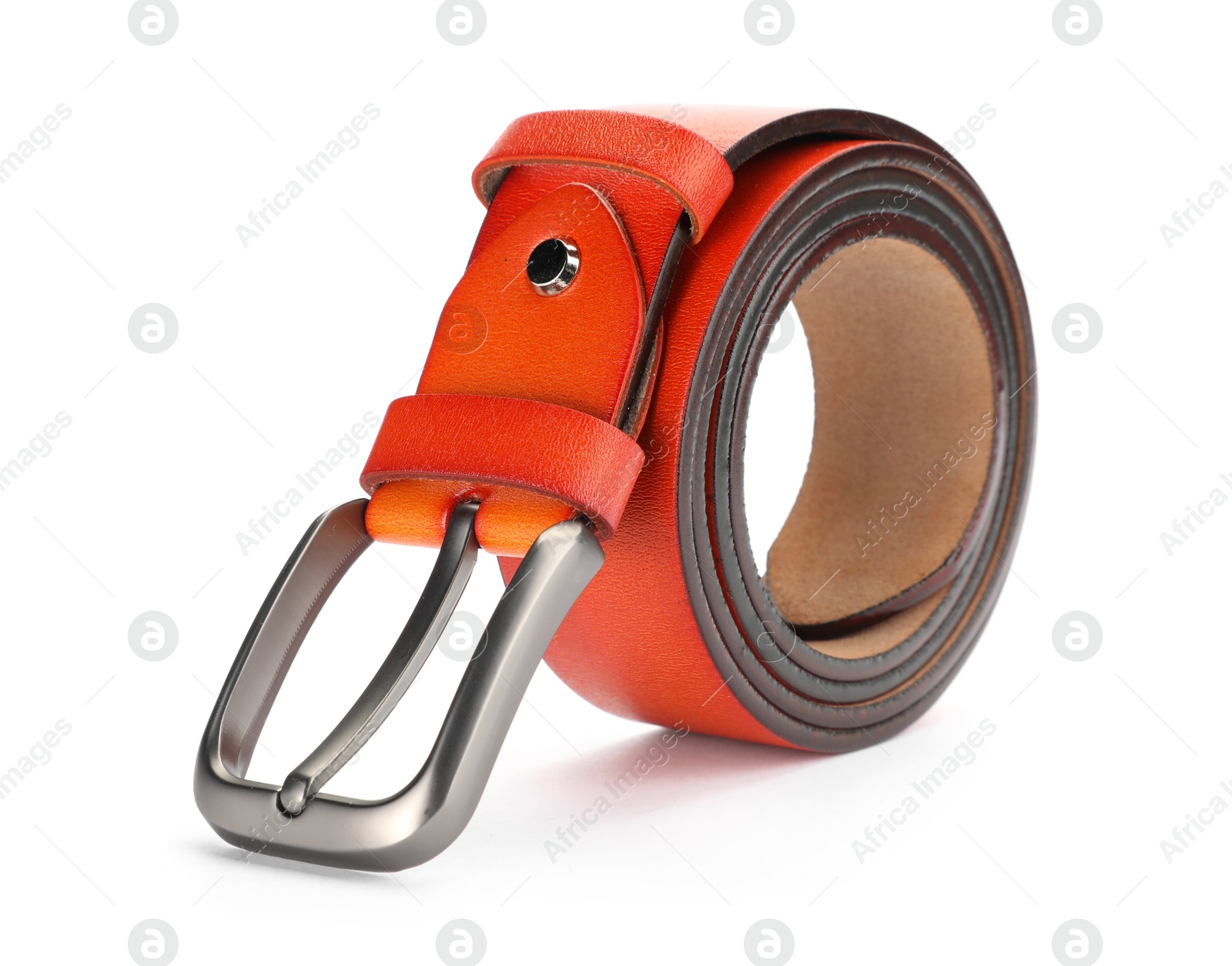 One orange leather belt isolated on white Photo of One orange leather belt isolated on white