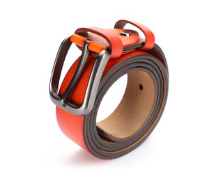 Photo of One orange leather belt isolated on white