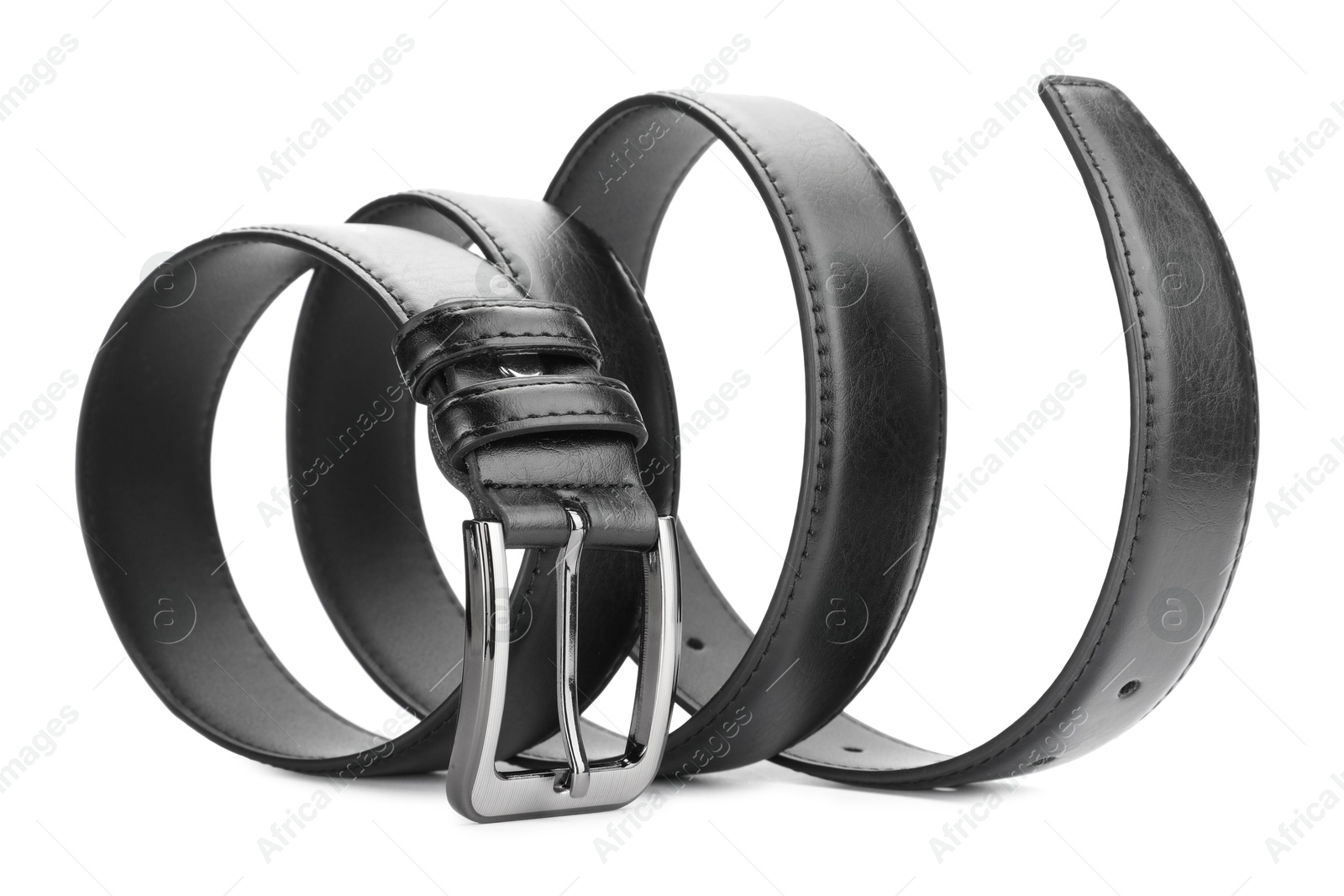 One black leather belt isolated on white Photo of One black leather belt isolated on white