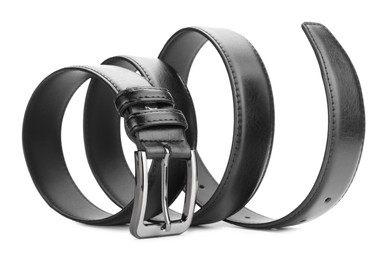 Photo of One black leather belt isolated on white