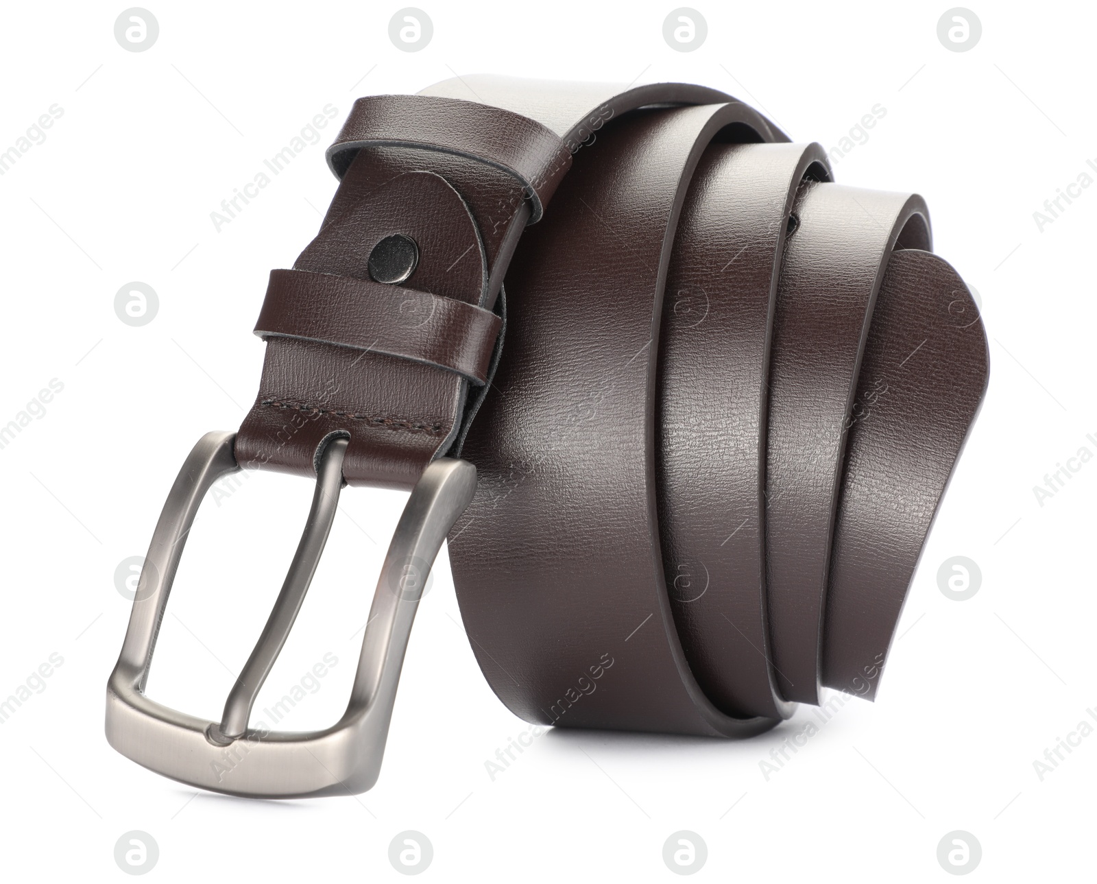 One brown leather belt isolated on white Photo of One brown leather belt isolated on white
