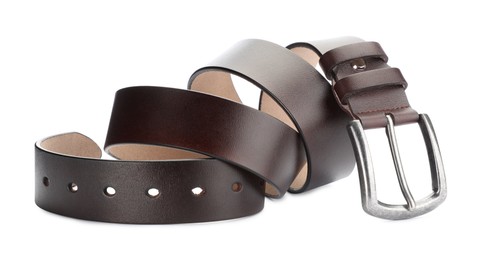 Photo of One brown leather belt isolated on white