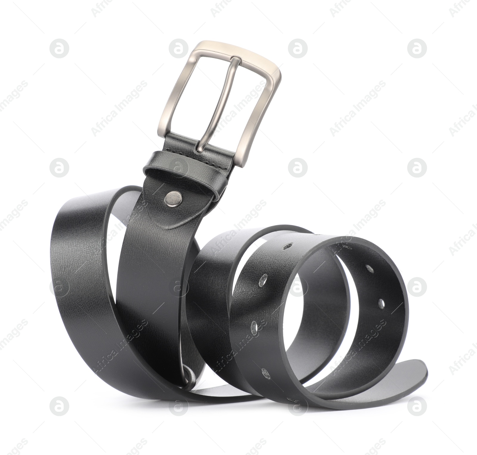 One black leather belt isolated on white Photo of One black leather belt isolated on white