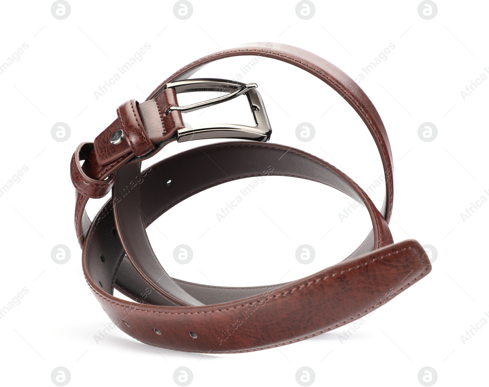 One brown leather belt isolated on white Photo of One brown leather belt isolated on white