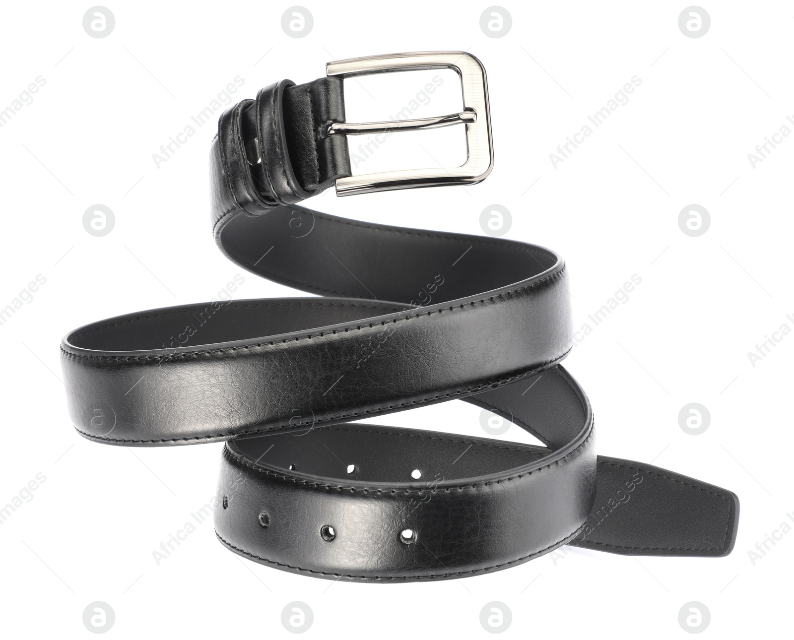 One black leather belt isolated on white Photo of One black leather belt isolated on white