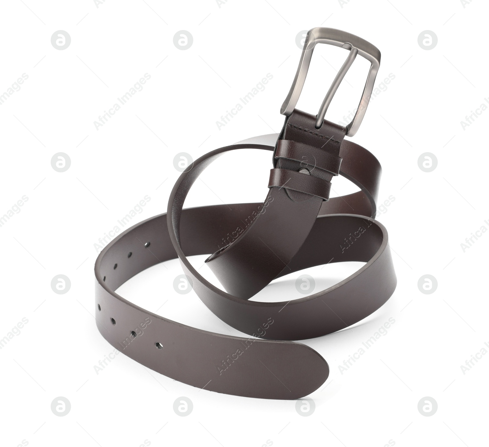 One brown leather belt isolated on white Photo of One brown leather belt isolated on white