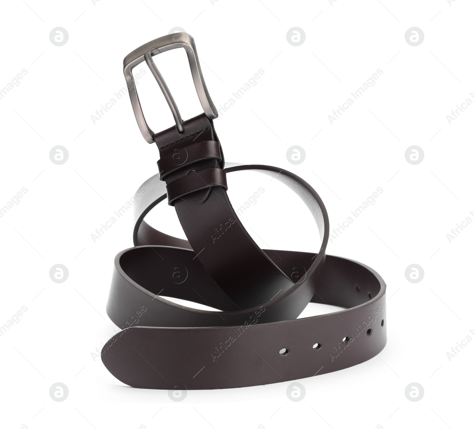 One brown leather belt isolated on white Photo of One brown leather belt isolated on white