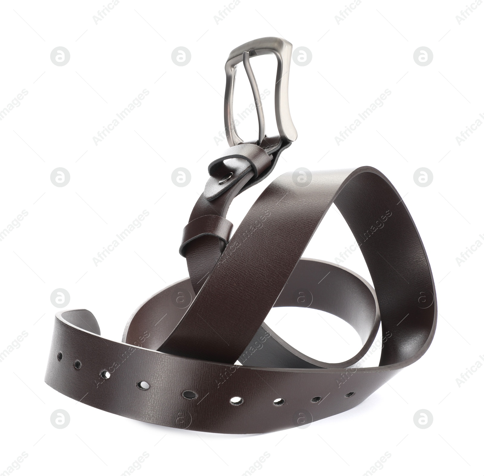 One brown leather belt isolated on white Photo of One brown leather belt isolated on white