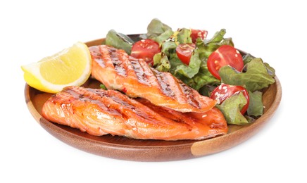 Photo of Tasty grilled salmon, salad and lemon isolated on white