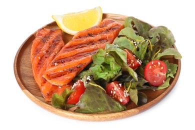 Photo of Tasty grilled salmon, salad and lemon isolated on white