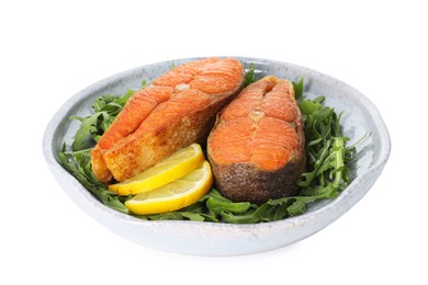 Photo of Seafood. Tasty salmon steaks, arugula and lemon isolated on white