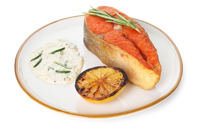 Photo of Seafood. Tasty salmon steak, sauce, lemon and rosemary isolated on white