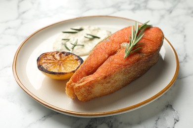 Photo of Seafood. Tasty salmon steak served with sauce, rosemary and lemon on white marble table, closeup